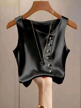 Franclia Asymmetrical Neckline Satin Knit Metal Button Decor Hem Slit Vest Top